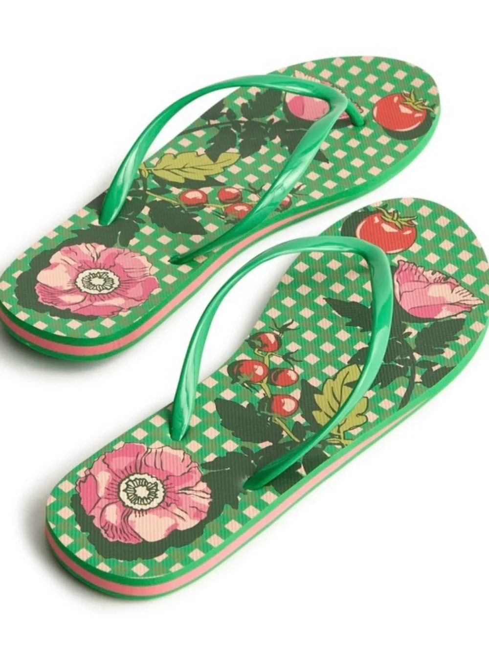 Vera Bradley Green Floral Flip-Flop Sandals with Pink Flowers